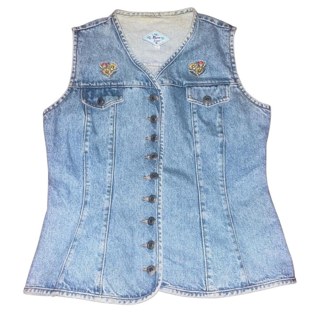 Vintage 80s Rio Jeans Floral Embroidered 3 Layer Denim Vest Large